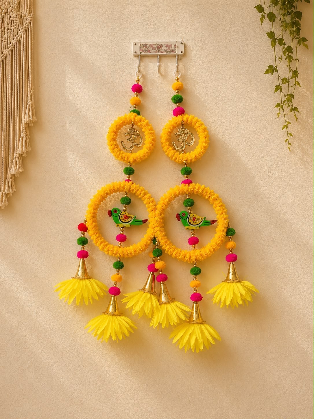 Om and parrot marigold double-ring Diwali toran with bells