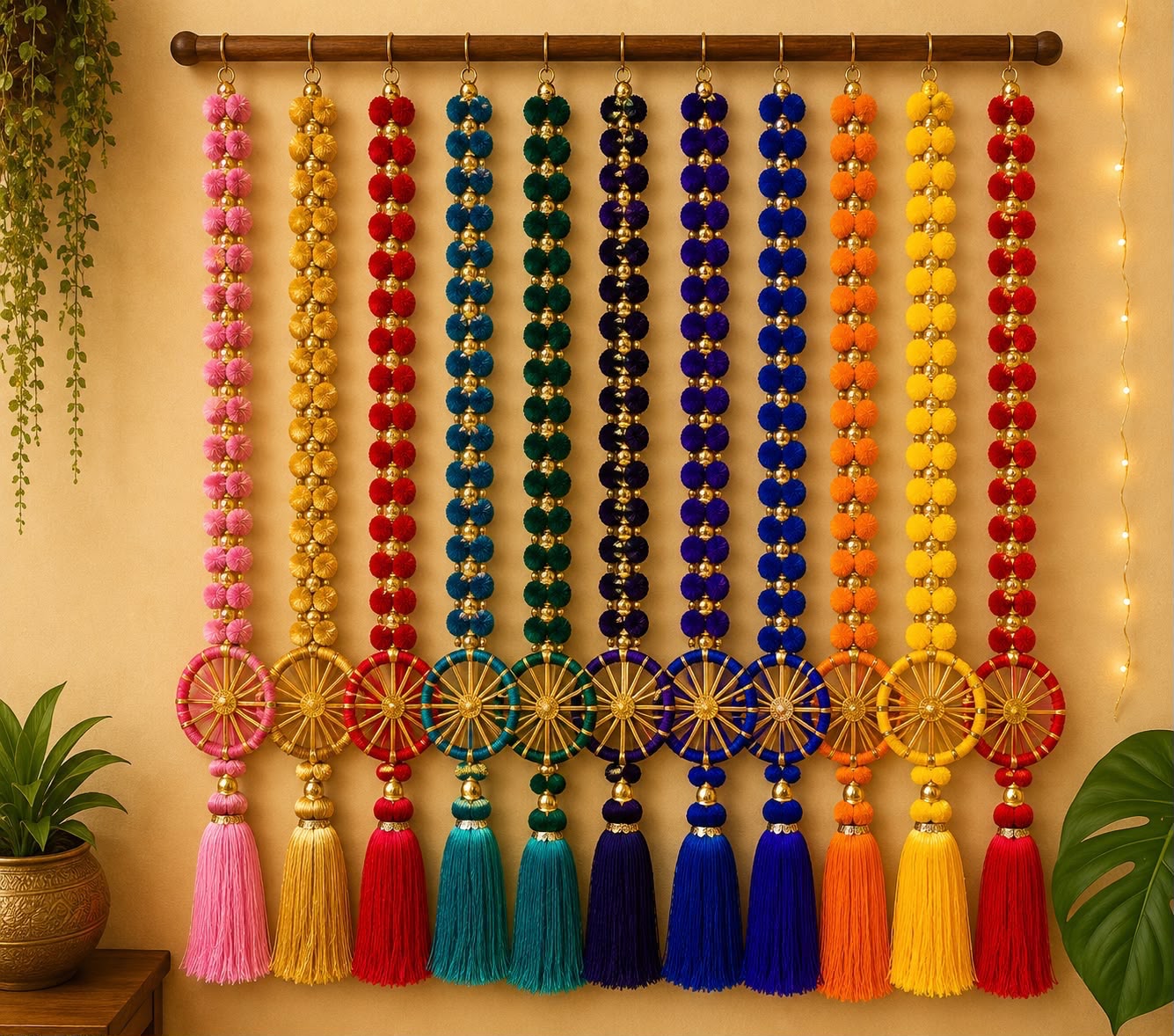 Multicolour pom-pom beaded Diwali toran with pink, gold, red, teal, green, purple, blue, orange and yellow strands, woven wheel charms and tassels