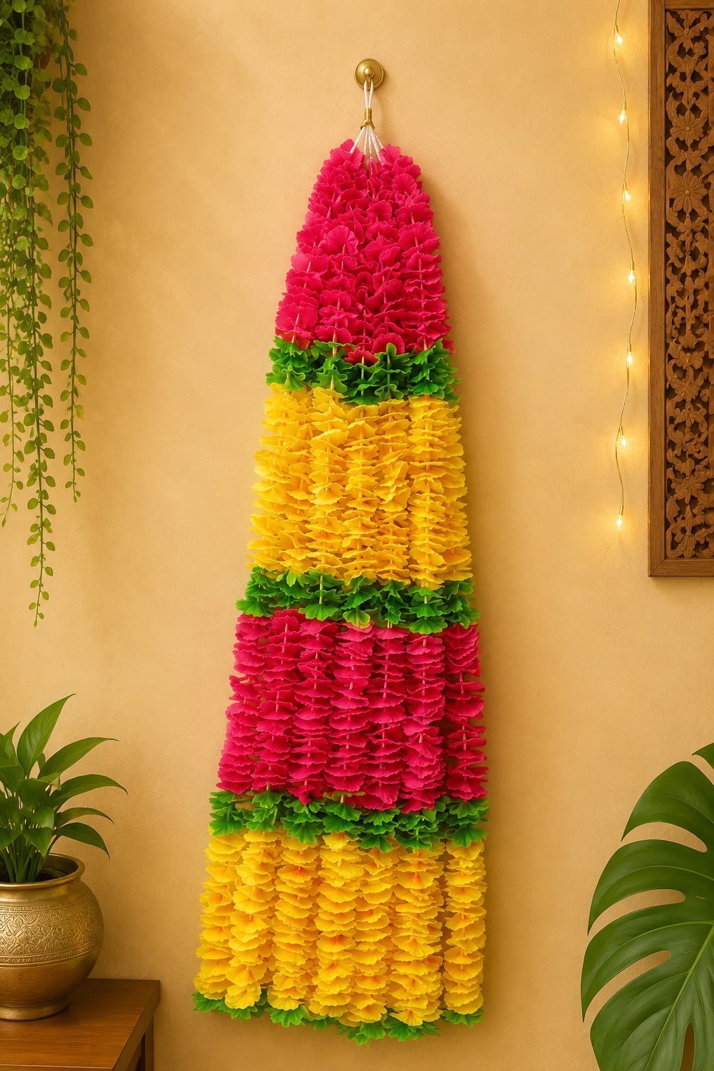 Pink and yellow tiered floral Diwali bandarwal with green leaf trim, hanging from a wall hook