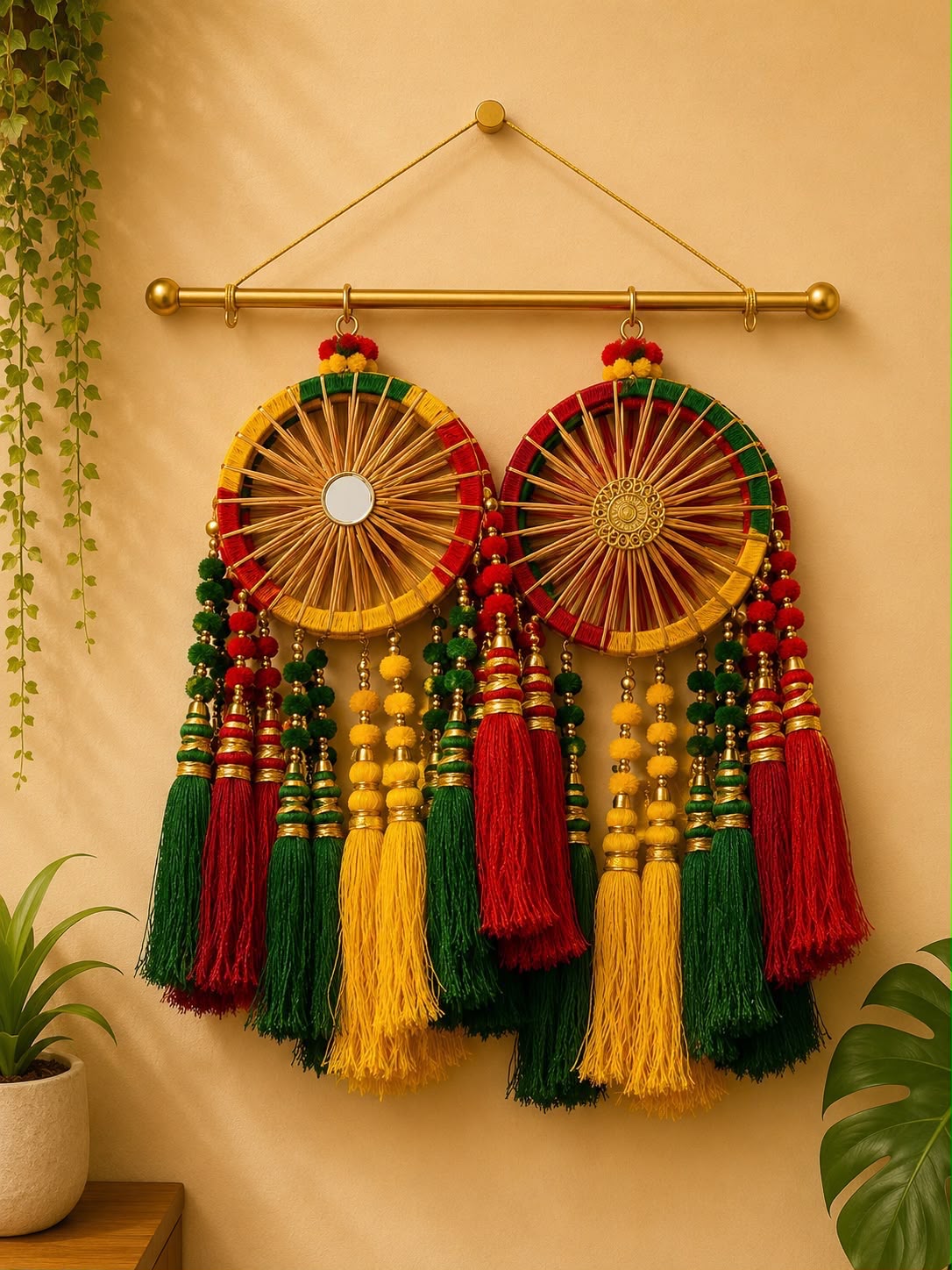 Two woven wheel Diwali wall hangings with mirror and medallion centers, hung from a gold rod with red, yellow and green tasselled strands