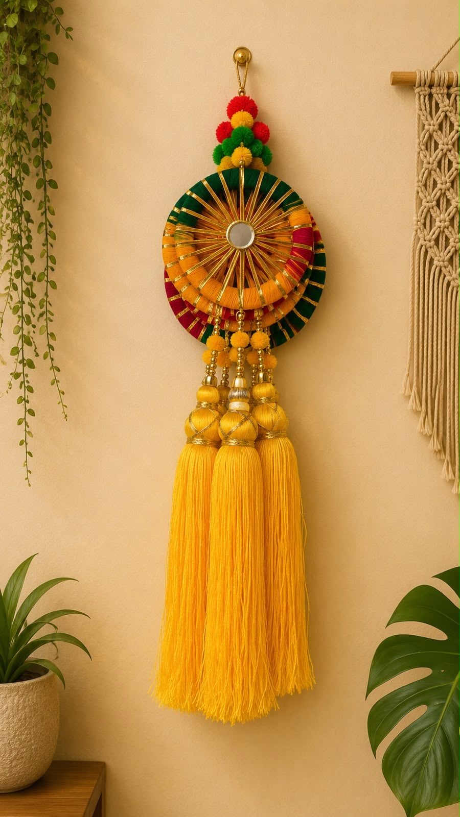 Layered woven wheel Diwali wall hanging with mirror centre, pom-pom crown and golden-capped yellow tassels