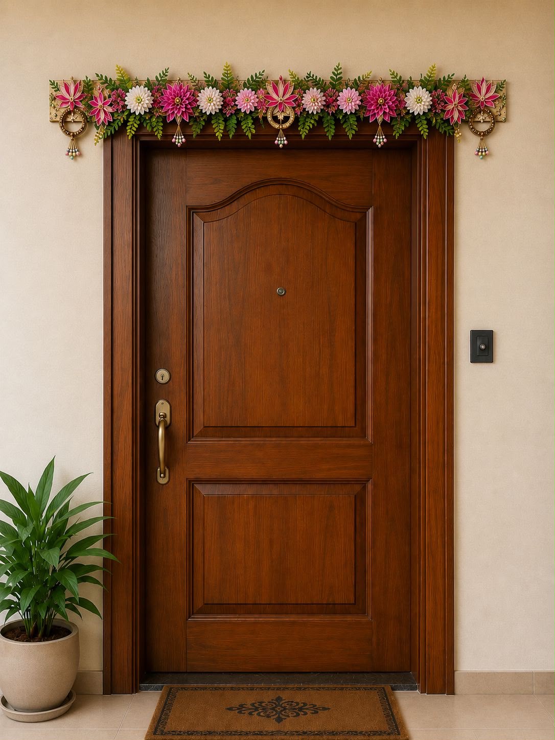 Pink and white floral Diwali door toran with gold beaded tassels and hanging bells