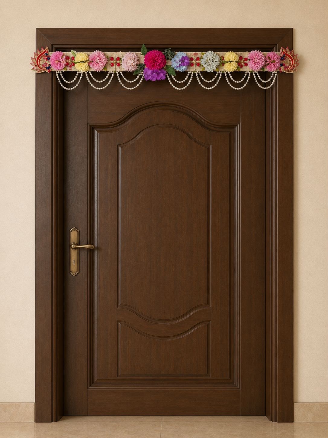 Pastel pink, yellow and purple floral Diwali toran on burlap band with cascading pearl drape strands