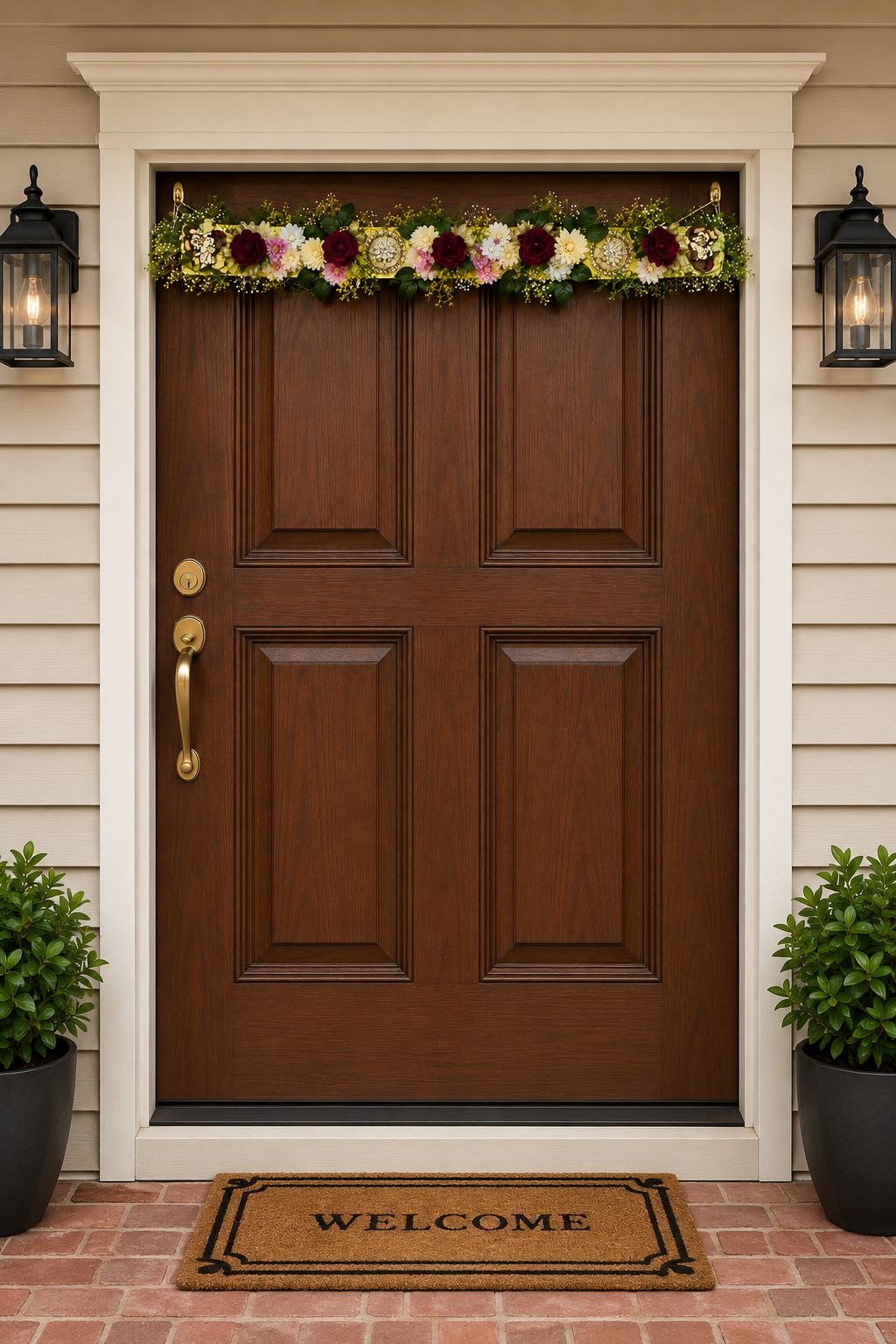 Red rose and cream dahlia Diwali door toran with gold jali medallions and trailing greenery