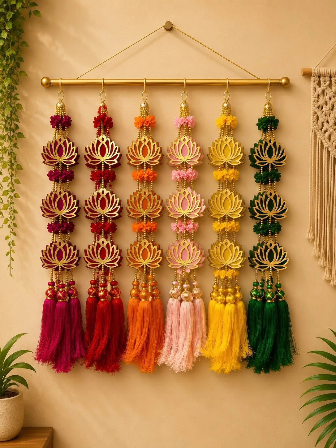 Multicolour lotus motif Diwali toran with beaded strands and tassels in maroon, red, orange, pink, yellow and green