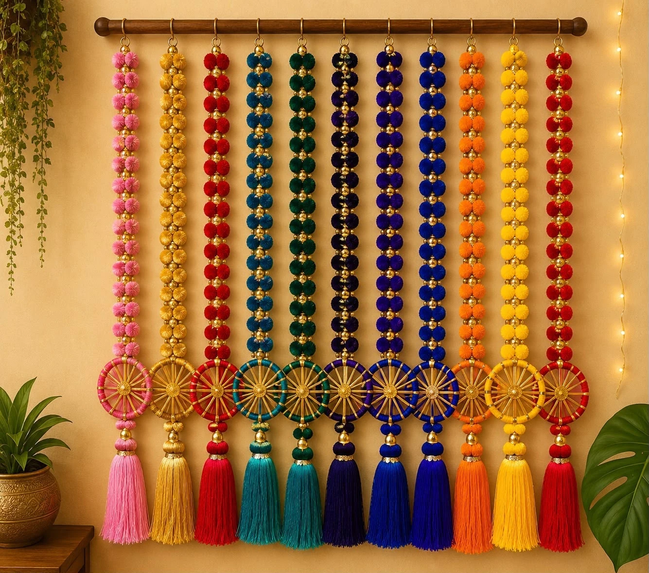 Multicolour pom-pom beaded Diwali toran with pink, gold, red, teal, green, purple, blue, orange and yellow strands, woven wheel charms and tassels