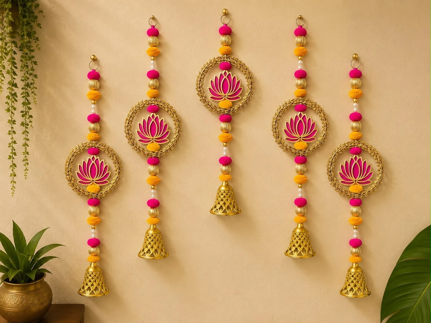 Pink, yellow and gold lotus medallion Diwali bandarwal with beaded strands, pom-poms and hanging bells