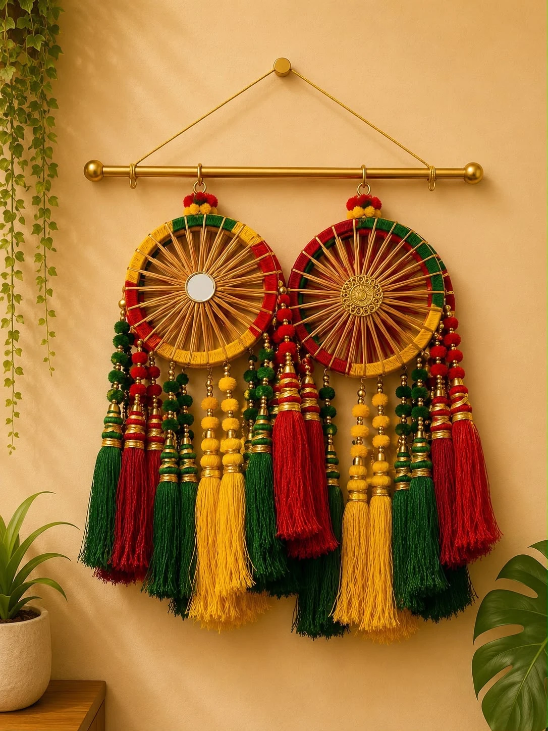 Two woven wheel Diwali wall hangings with mirror and medallion centers, hung from a gold rod with red, yellow and green tasselled strands