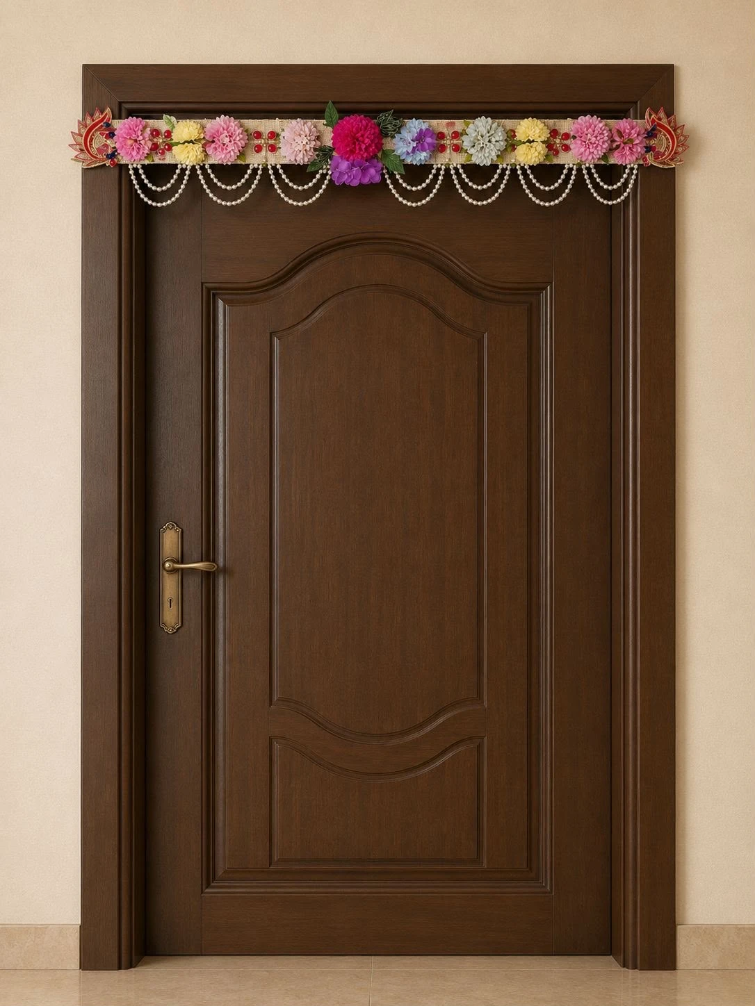Pastel pink, yellow and purple floral Diwali toran on burlap band with cascading pearl drape strands
