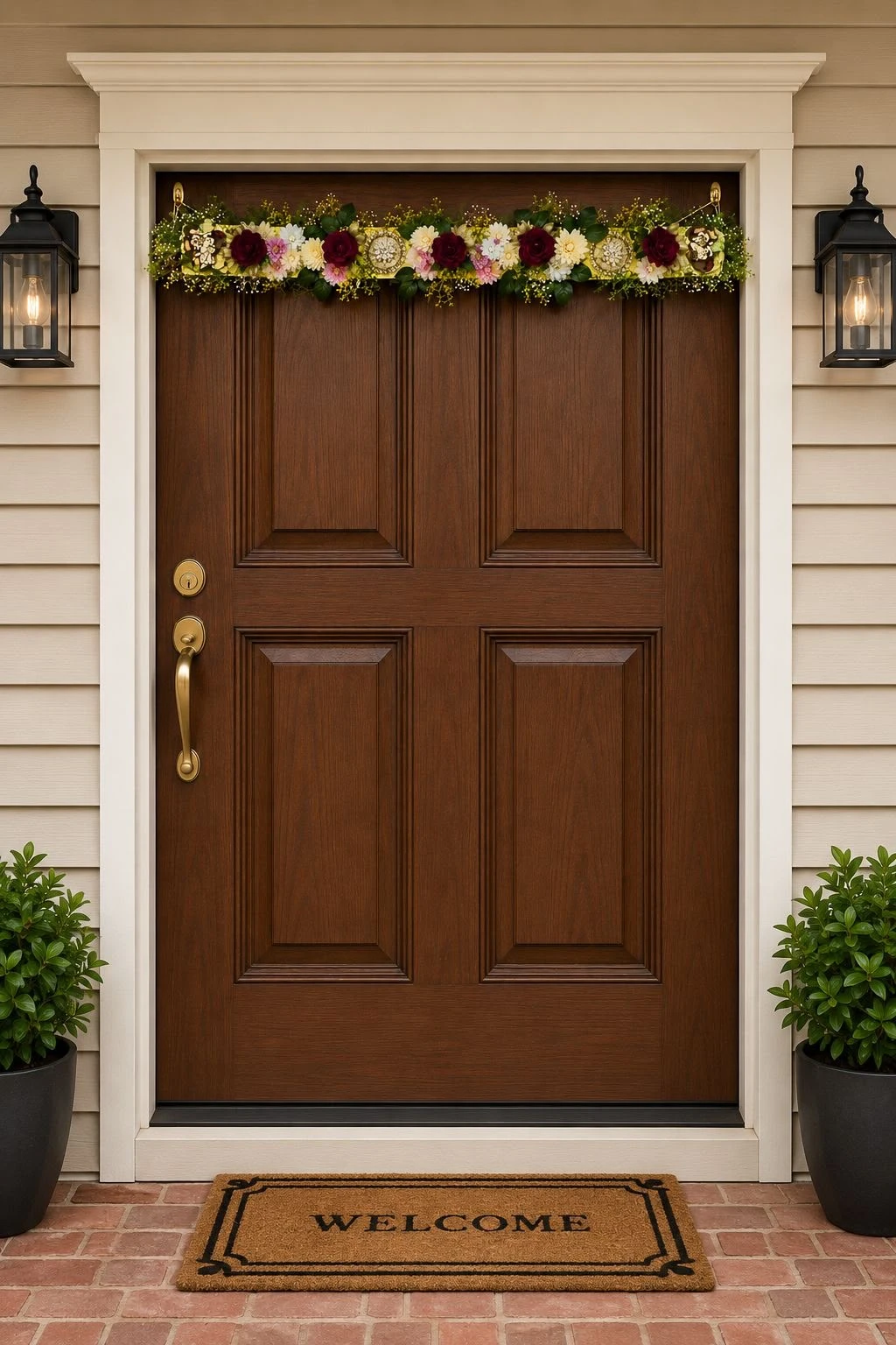 Red rose and cream dahlia Diwali door toran with gold jali medallions and trailing greenery