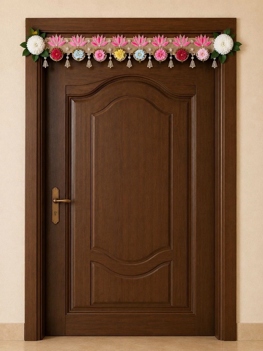 Pink lotus motif Diwali door toran with white dahlia end pieces, multicolour blooms and pearl tassels