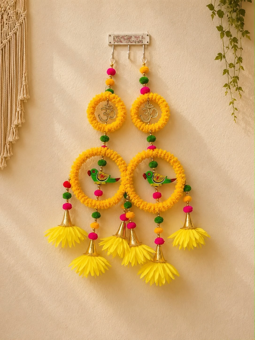 Om and parrot marigold double-ring Diwali toran with bells