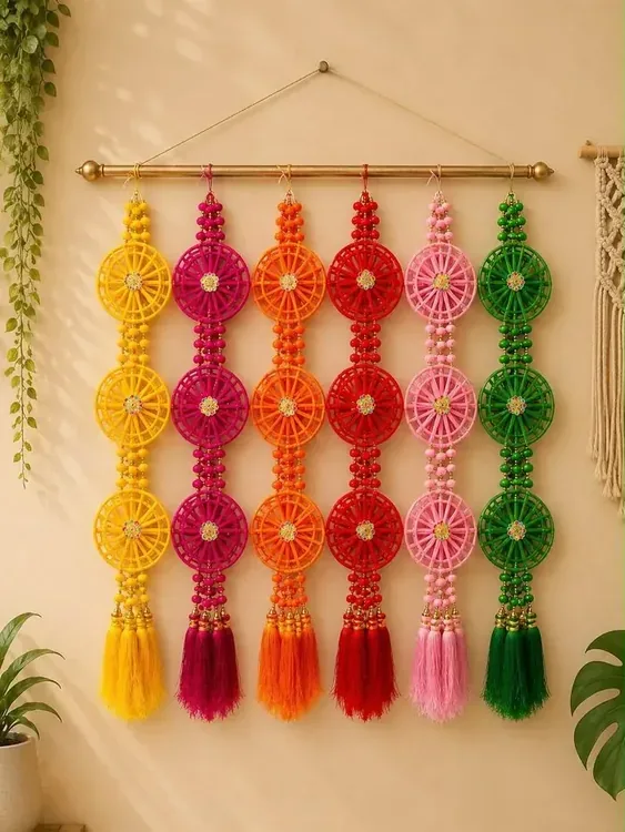 Woven wheel Diwali toran with bells